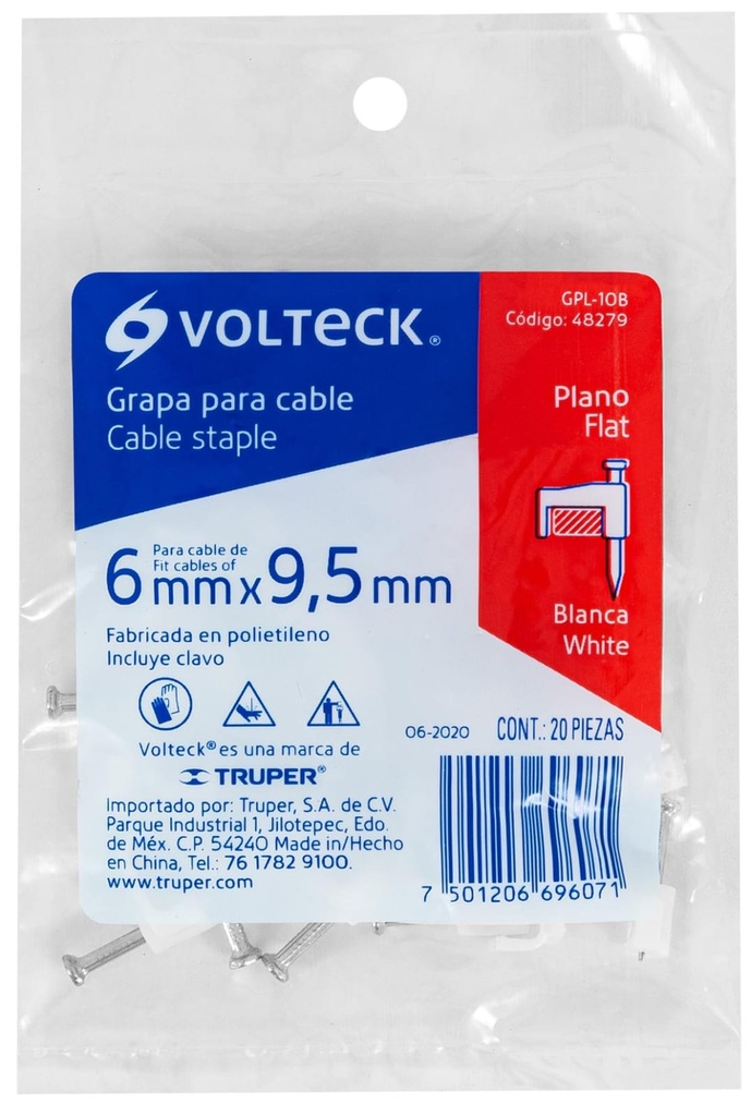 GRAPA PLANA PARA CABLE DE 10MM BLANCA VOLTECK