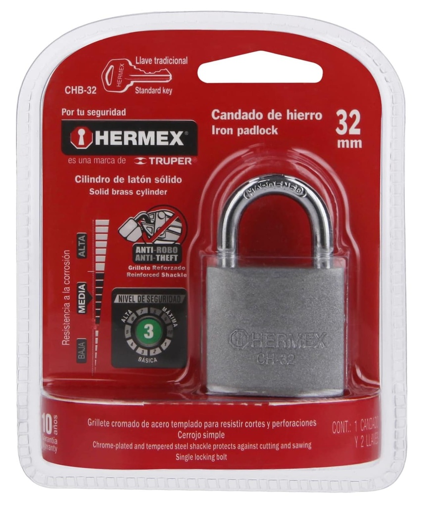 CANDADO DE HIERRO EN BLISTER 32MM HERMEX