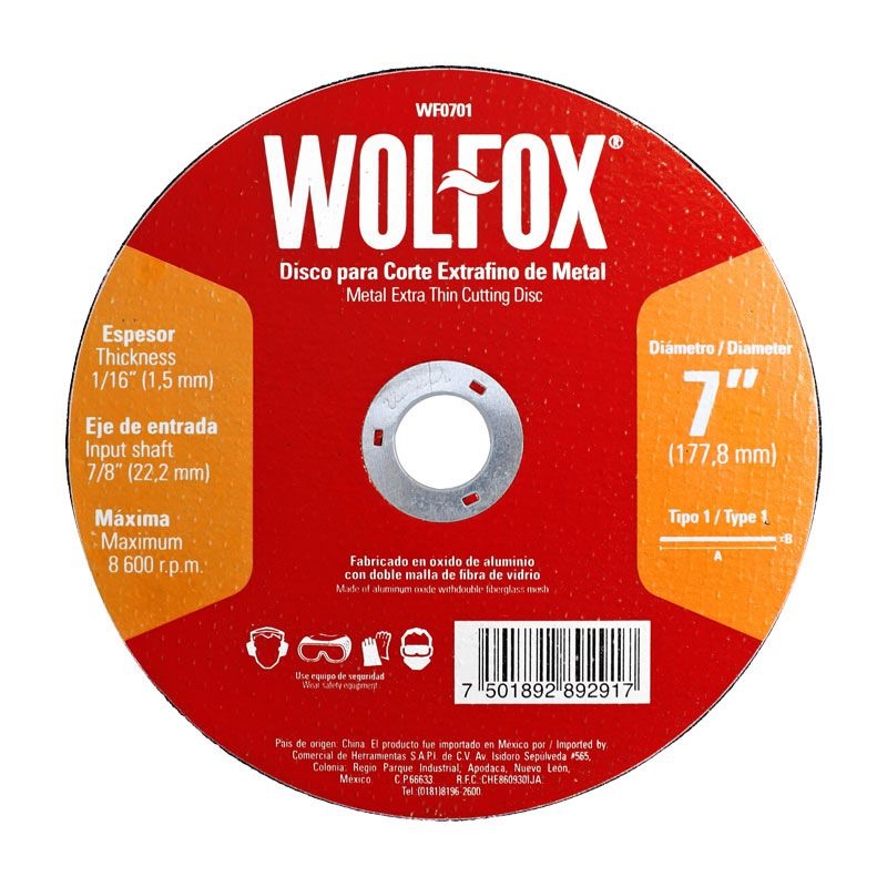 DISCO CORTE METAL EXTRA FINO WOLFOX 7 X 1.5MM