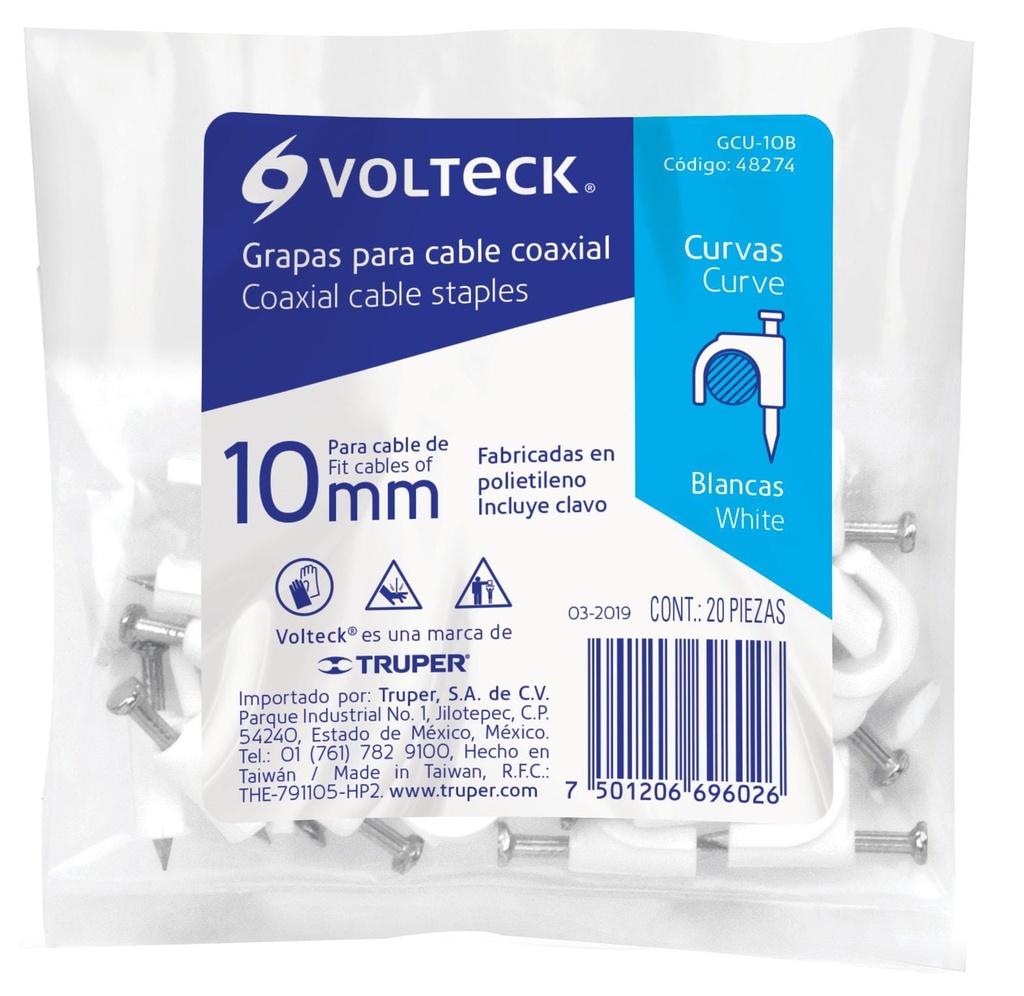 GRAPA CURVA PARA CABLE DE 10MM BLANCO VOLTECK