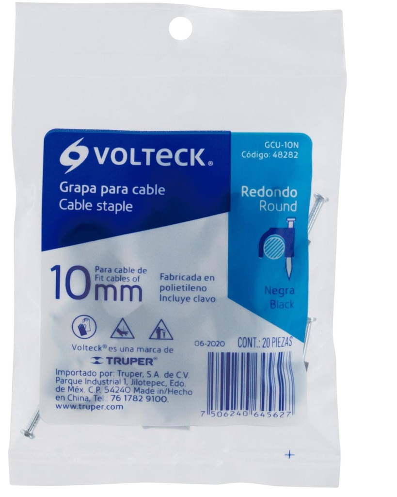 GRAPA CURVA PARA CABLE DE 10MM NEGRA VOLTECK