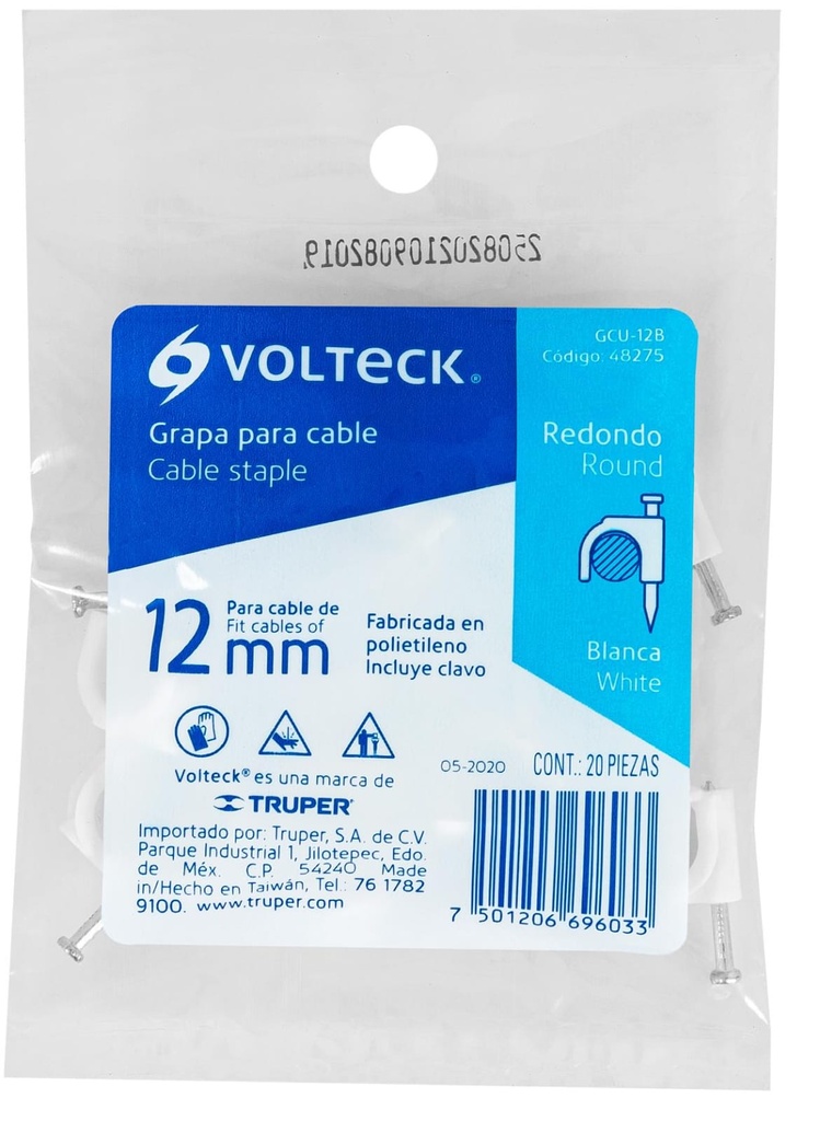 GRAPA CURVA PARA CABLE DE 12MM BLANCO VOLTECK