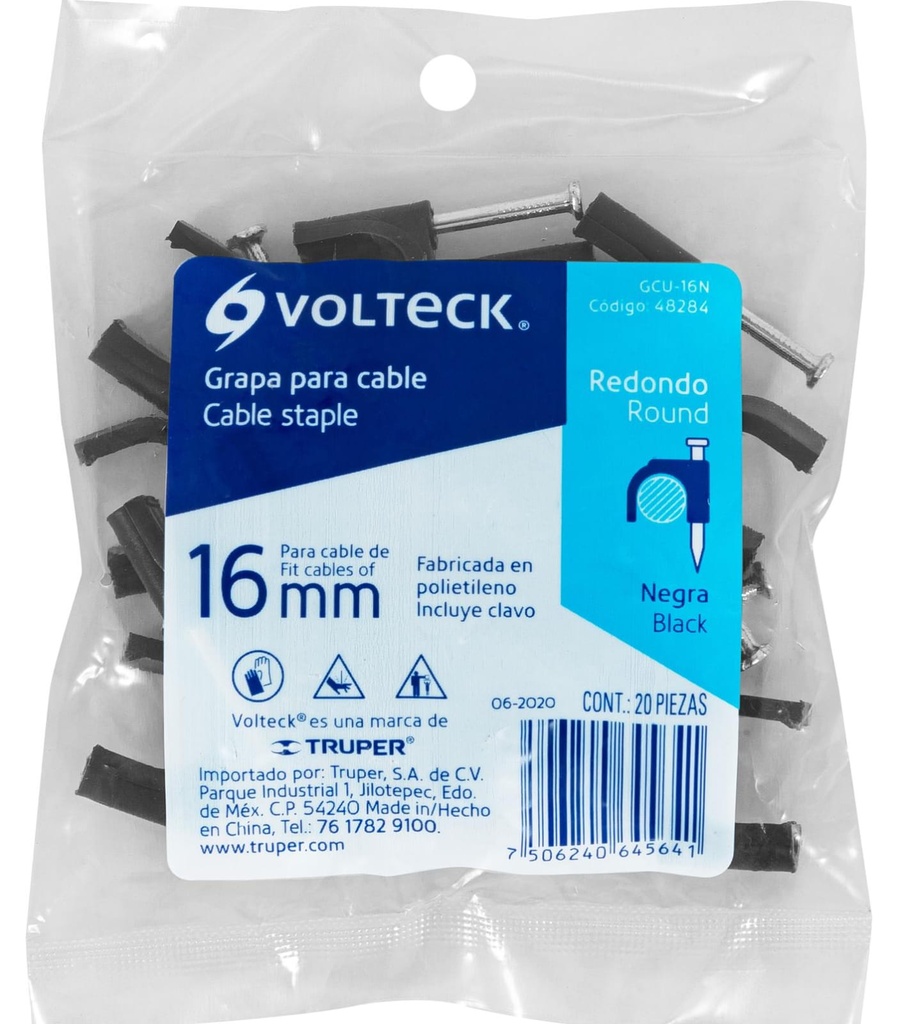 GRAPA CURVA PARA CABLE DE 16MM NEGRA VOLTECK