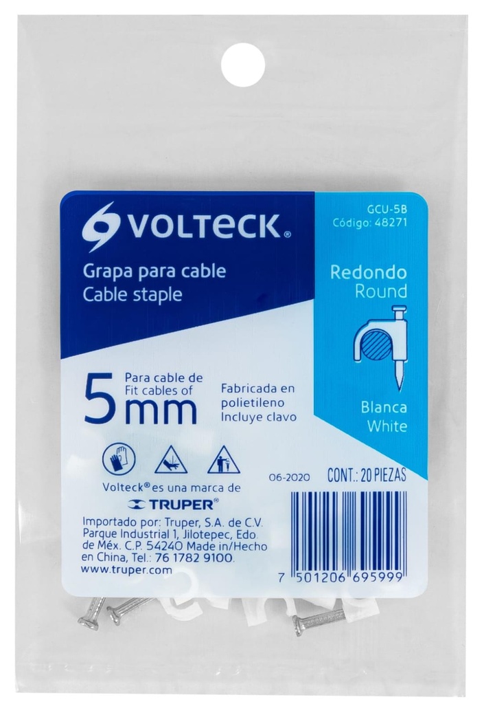 GRAPA CURVA PARA CABLE DE 5MM BLANCO VOLTECK