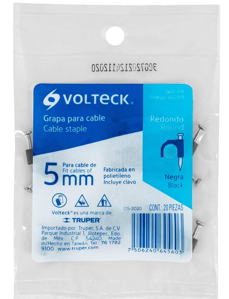 GRAPA CURVA PARA CABLE DE 5MM NEGRA VOLTECK