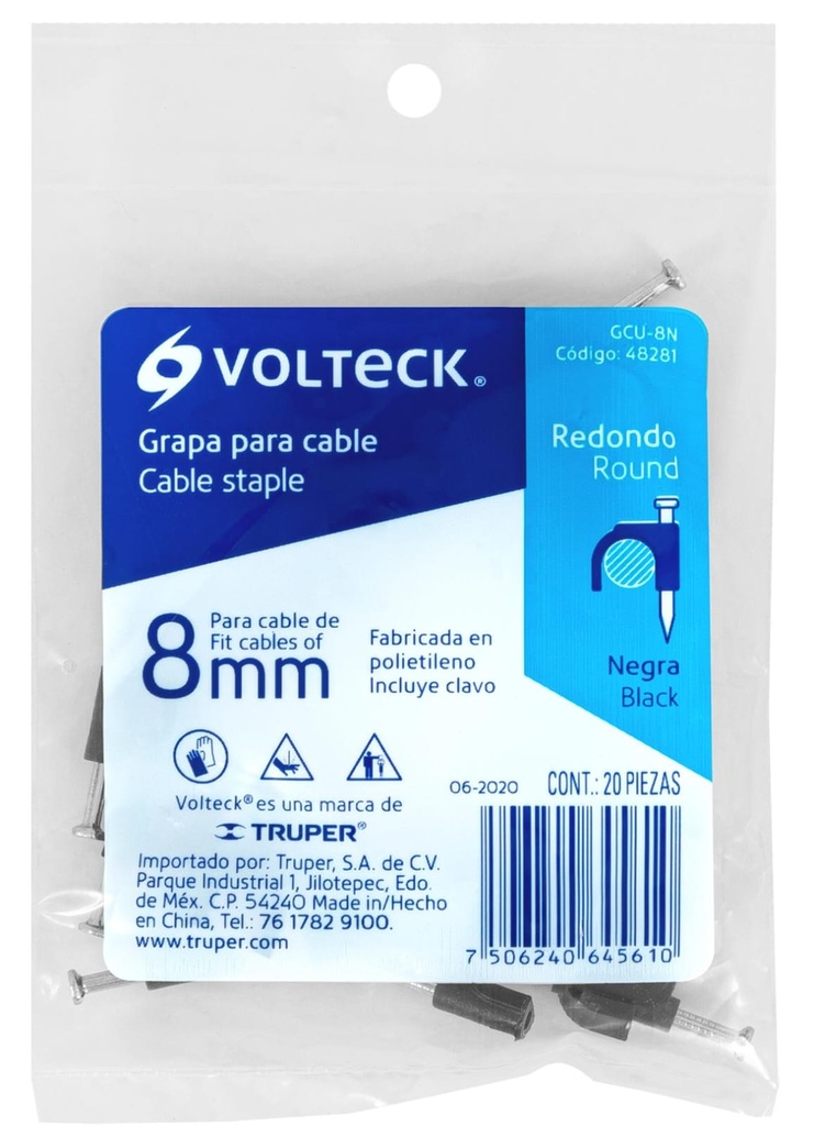 GRAPA CURVA PARA CABLE DE 8MM NEGRA VOLTECK