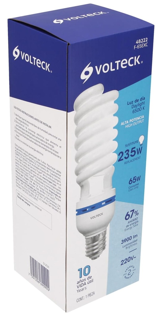 LAMPARA ESPIRAL 65W PARA 220V BASEB E40 VOLTECK