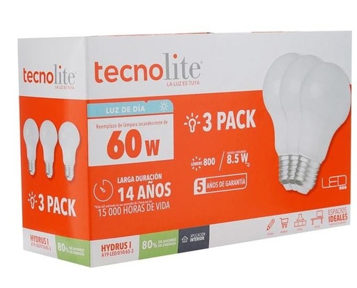 [A19-LED/010/65-3] BOMBILLA LED CLASICA 8.5W DL 3 PACK TECNO LITE