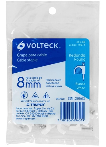 [48273] GRAPA CURVA PARA CABLE DE 8MM BLANCO VOLTECK