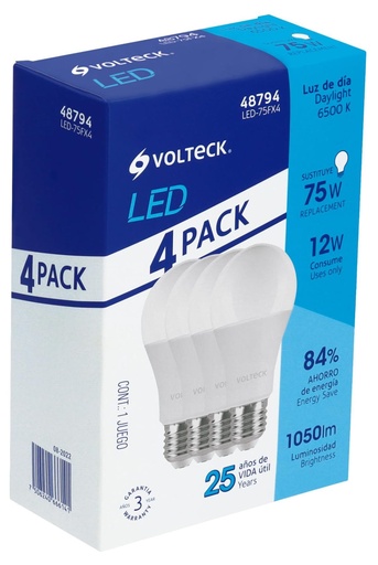 [48794] LAMPARA LED A19 12W E27 LUZ DIA 4 PZS VOLTECK