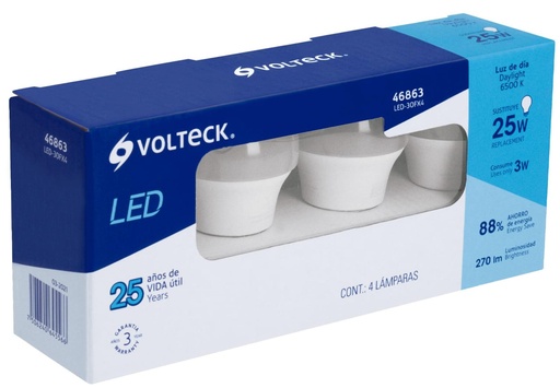 [46863] LAMPARA LED A19 3W E27 LUZ DIA 4 PZS VOLTECK